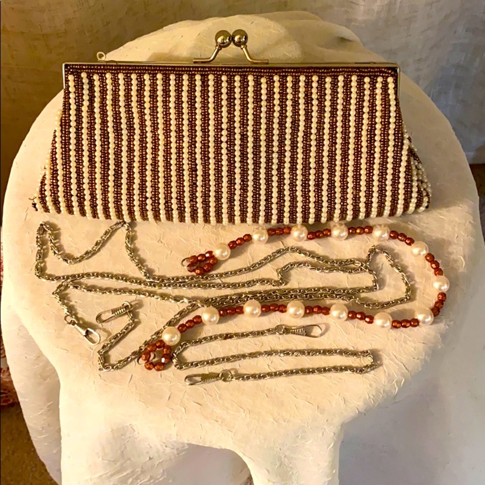 Copper and white beaded clutch with straps